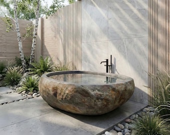 Custom Hand-Carved River Stone Bathtub, Natural Organic Outdoor Soaking Bath