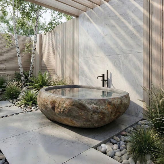 Custom Hand-Carved River Stone Bathtub, Natural Organic Outdoor Soaking Bath
