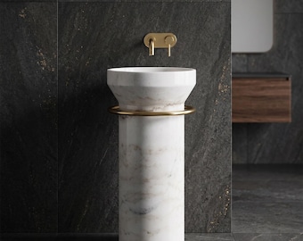 White Marble Pedestal Sink, Freestanding Stone Basin with Brass Towel Rail
