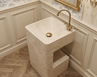 Galala Beige Marble Freestanding Pedestal Sink: Modern Bathroom Vanity