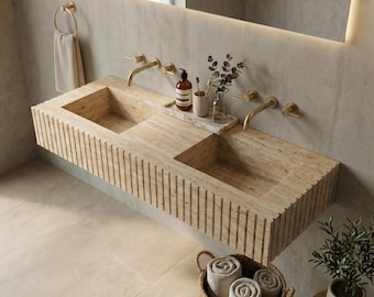 Fluted Travertine Wall-Mounted Double Sink, Natural Beige Travertine Floating Vanity, Hand-Carved Bathroom Basin, Modern Bathroom Decor