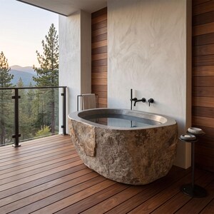 May include: An oval-shaped bathtub carved from a single piece of natural stone with a rough, textured exterior and a smooth, polished interior basin. The tub features matte black wall-mounted plumbing fixtures and is positioned on a wooden deck.