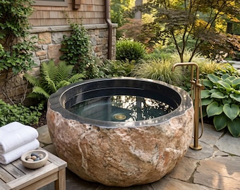 Custom Made Handcrafted River Stone Bathtub: Rustic Natural Stone Tub