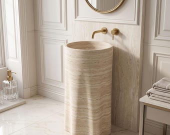 Travertine Pedestal Sink 17.72", Original Cylindrical Stone Basin, Luxury Freestanding Bathroom Sink
