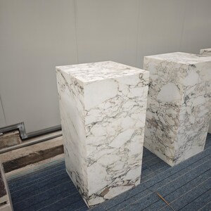 May include: Two white marble pedestals with a gray veining pattern. The pedestals are square and have a smooth, polished surface.