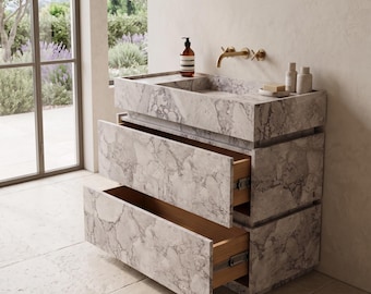Custom Made Calacatta Marble Vanity Sink: Modern Bathroom Storage, 35.43"x17.2"x35.43"