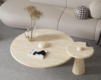 White Travertine Coffee Table Set with Mixed Bases | Modern Stone Design