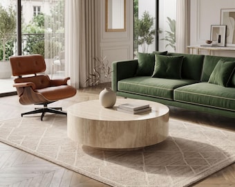 Round Travertine Coffee Table 35.43" / 17.72", Ultra Thin Natural Stone Composite Side Table