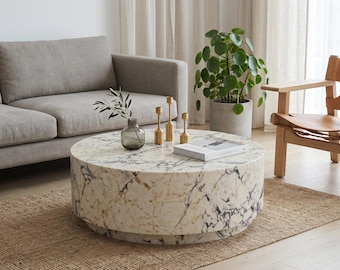 Calacatta Viola Marble Plinth Coffee Table, Round Marble Drum Coffee Table, Modern Living Room Centerpiece, Natural Stone Furniture