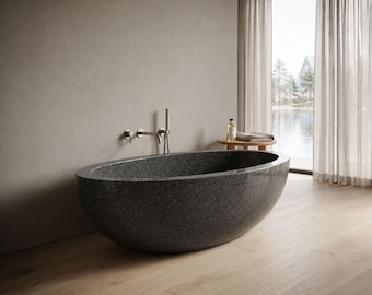 Dark Gray Granite Oval Bathtub 70.87", Freestanding Stone Soaking Tub, Luxury Natural Stone Bath