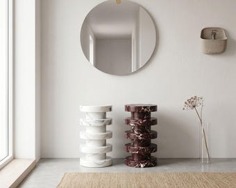Custom Made Arabescato & Rosso Levanto Marble Side Table: Modern Accent Piece