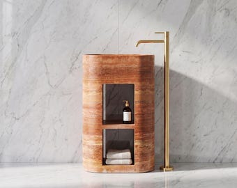 Red Travertine Freestanding Sink, Moroccan Pedestal Basin, Open Shelving Vanity