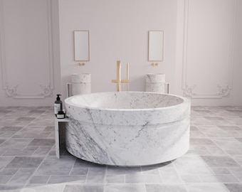 Round Carrara Marble Bathtub | Modern Soaking Tub with Side Shelf