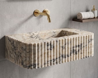 Calacatta Viola Marble Wall Sink, 32" Fluted Floating Basin, Handmade Purple Veining