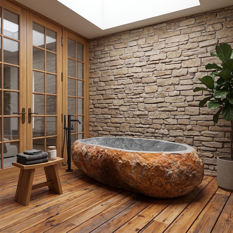 Custom Hand-Carved River Stone Bathtub, Natural Organic Outdoor Soaking Bath image 5
