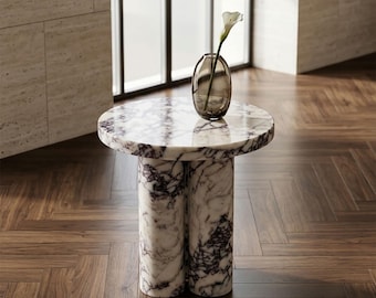 Calacatta Viola Marble Round Side Table, Luxury Stone Accent (15.75" Diameter)