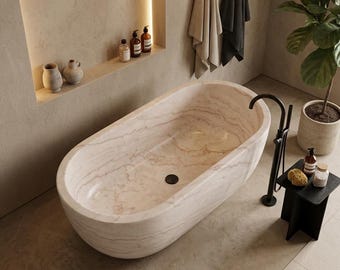 White Marble Oval Bathtub: Modern Freestanding Stone Tub (70.87"x31.5"x22.8")