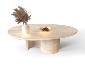 Oval Travertine Coffee Table with Sculptural Wavy Base | Modern Natural Stone Design