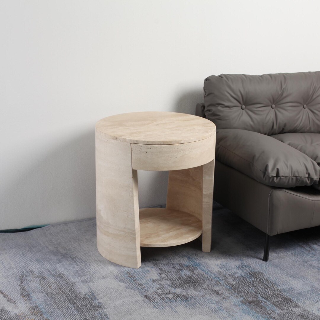 White Ribbed Rounded Bedside Table Perth Rotunda – White Travertine Round Bedside Table: Modern Stone Nightstand ...
