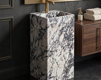 Lavabo de pedestal de mármol Calacatta Viola de 80 cm (31,5 pulgadas), lavabo cuadrado de piedra natural, lavabo de columna para baño hecho a mano.