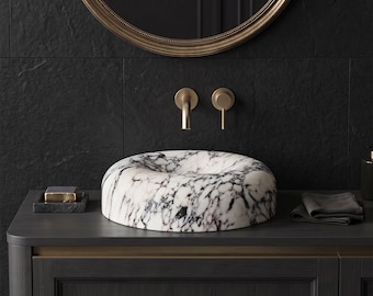 Calacatta Viola Marble Vessel Sink 21.65", Round Bathroom Countertop Basin