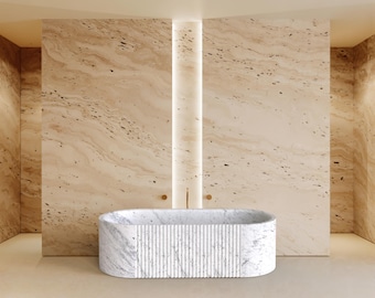 Handmade Oval Carrara Marble Bathtub | Fluted Front, Solid Stone Soaking Tub