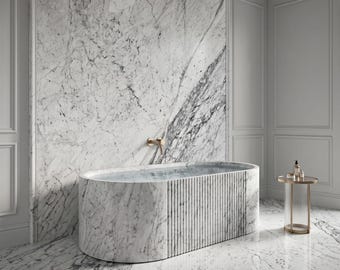 Custom Made Handmade Oval Carrara Marble Bathtub | Fluted Front, Solid Stone Soaking Tub