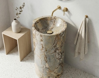 Handcrafted Brown Marble Pedestal Sink: Tropical Bathroom Vanity