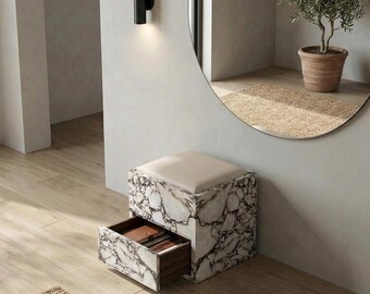 Marble Shoe Bench 17.72", Natural Stone Entryway Stool with Storage Drawer, Custom Square Bench