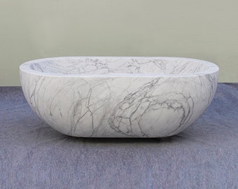 Bianco Carrara Marble Bathtub Handcrafted with Armrest