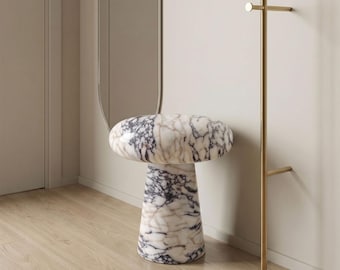 Marble Mushroom Stool 12.2", Natural Stone Accent Seat, Handmade Luxury Vanity Stool
