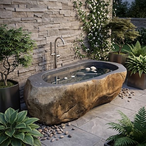 May include: A freestanding bathtub carved from a large, natural-textured brown stone boulder with a smooth, dark gray interior basin. A tall, brushed metal faucet stands behind the tub, which is filled with water, white flower petals, and a brush.