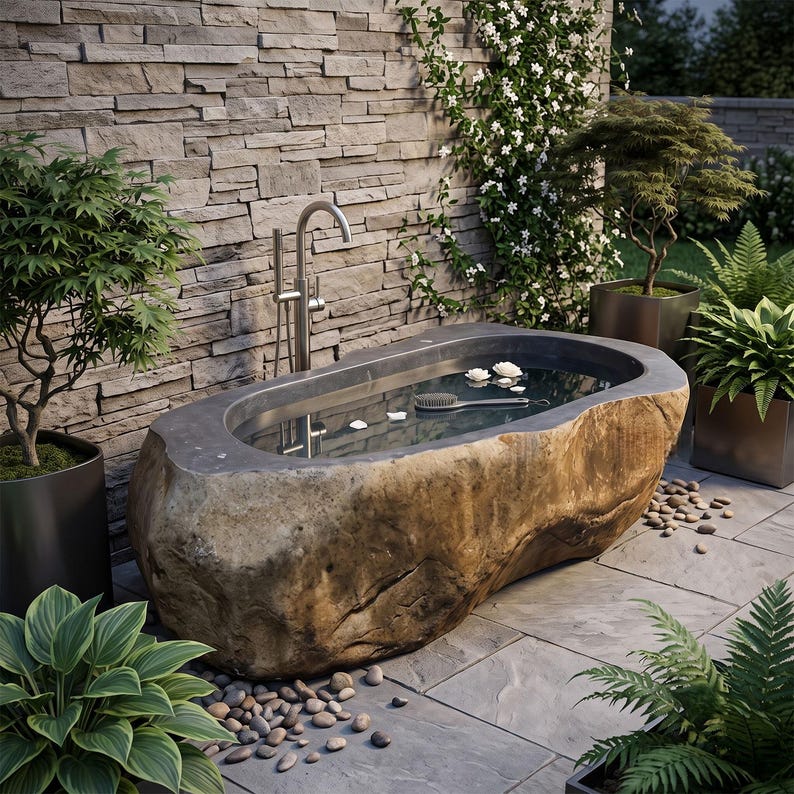 May include: A freestanding bathtub carved from a large, natural-textured brown stone boulder with a smooth, dark gray interior basin. A tall, brushed metal faucet stands behind the tub, which is filled with water, white flower petals, and a brush.
