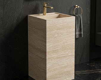 Travertine Pedestal Sink 15.75", Natural Stone Freestanding Basin, Modern Custom Bathroom Washstand