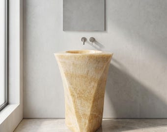 Handcrafted Yellow Onyx Pedestal Sink: Geometric Stone Bathroom Vanity