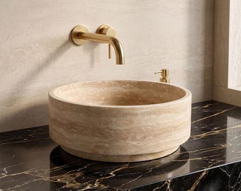 Travertine Vessel Sink 15.75", Tire Shape Countertop Basin, Round Natural Stone Bathroom Sink