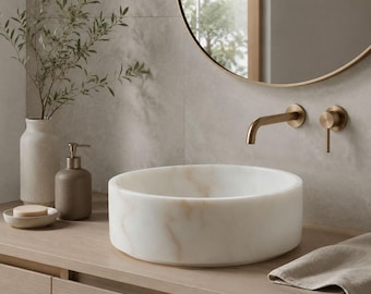 White Marble Vessel Sink 15.75", Tire Shape Countertop Basin, Round Natural Stone Bathroom Sink