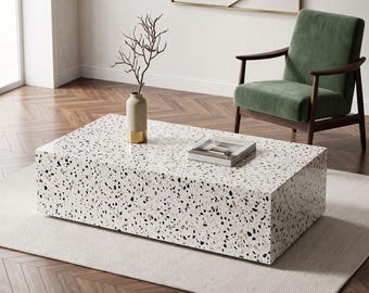 Modern Terrazzo Coffee Table 39.37", Natural Stone Slab Center Table, Minimalist Living Room Furniture