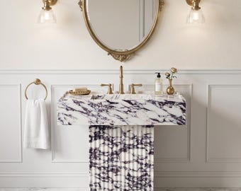 Custom Made Calacatta Viola Marble Fluted Pedestal Sink, Italian Lavatory Basin