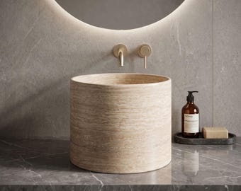 Travertine Cylinder Vessel Sink 16.93", Tall Round Natural Stone Countertop Basin, Luxury Bathroom Sink