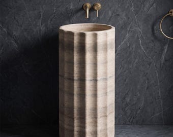 Sea Travertine Pedestal Sink 17.72", Roman Column Stone Basin, Original Freestanding Bathroom Sink