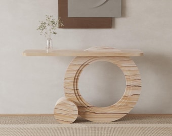 Landscape Sandstone Console Table with Circular Base | Modern Stone Entryway Design