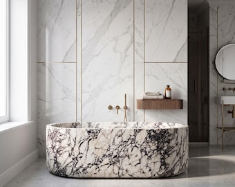 Calacatta Viola Marble Bathtub, Freestanding Natural Stone Soaking Tub, Handcrafted Luxury Bathroom Tub, 70.9"
