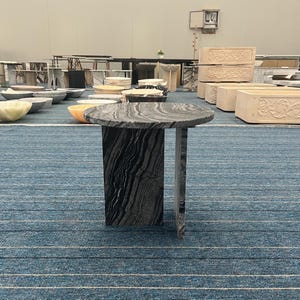Gray Veining Marble Side Table, Handcrafted Round Accent Table, Modern Minimalist Design, Premium Natural Stone Furniture, Polished Table