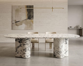 Oval Calacatta Viola Dining Table, 100% Natural Beige Travertine Stone Dinging Table, Modern Organic Dining Room Furniture, 6-8 Seater