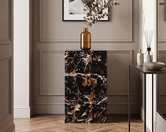 Natural Marble Display Pedestal, Black Gold Veining Plinth Stand (11.81")