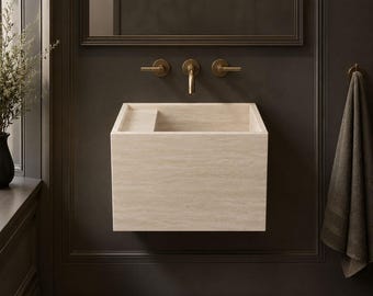 Travertine Wall Mounted Sink 17.72", Natural Stone Floating Basin, Small Bathroom Wash Basin