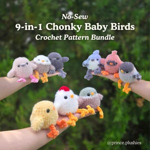 May include: A collection of nine small, fuzzy, crocheted baby birds in various colors including pink, white, gray, yellow, and blue. Each bird features small black eyes and orange feet. The text reads No-Sew 9-in-1 Chonky Baby Birds Crochet Pattern Bundle.