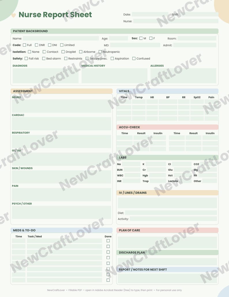 Fillable Nurse Report Sheet, Sage Green, 1-patient Brain Sheet (PDF) - Etsy