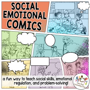 Puede incluir: Una ilustración de estilo cómic con el título "SOCIAL EMOTIONAL COMICS" y el texto "a fun way to teach social skills, emotional regulation, and problem-solving!" La ilustración muestra diferentes escenas con niños interactuando entre sí.
